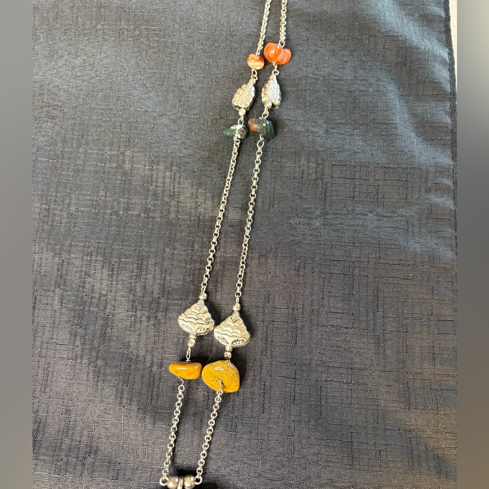 Vintage 1970s Polished Stone Charm Carnelian Necklace Silver-Tone Boho Hippie - Picture 5 of 6